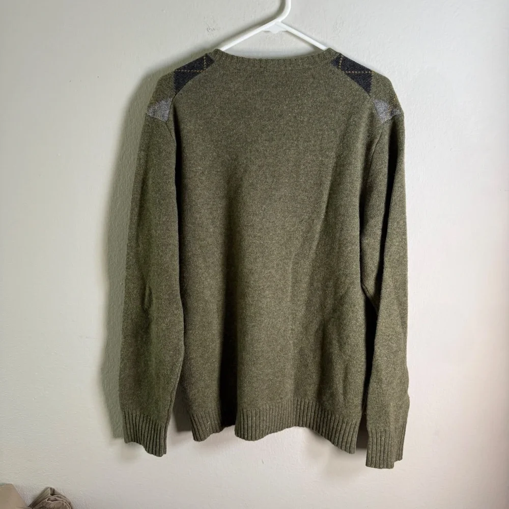 J.Crew Mens Lambswool Argyle V-Neck Sweater‎ Olive Green Grey Large L